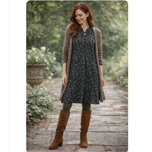 April Cornell Tunic Dress Black Green Dark Floral Long Sleeve Small Boho Prairie